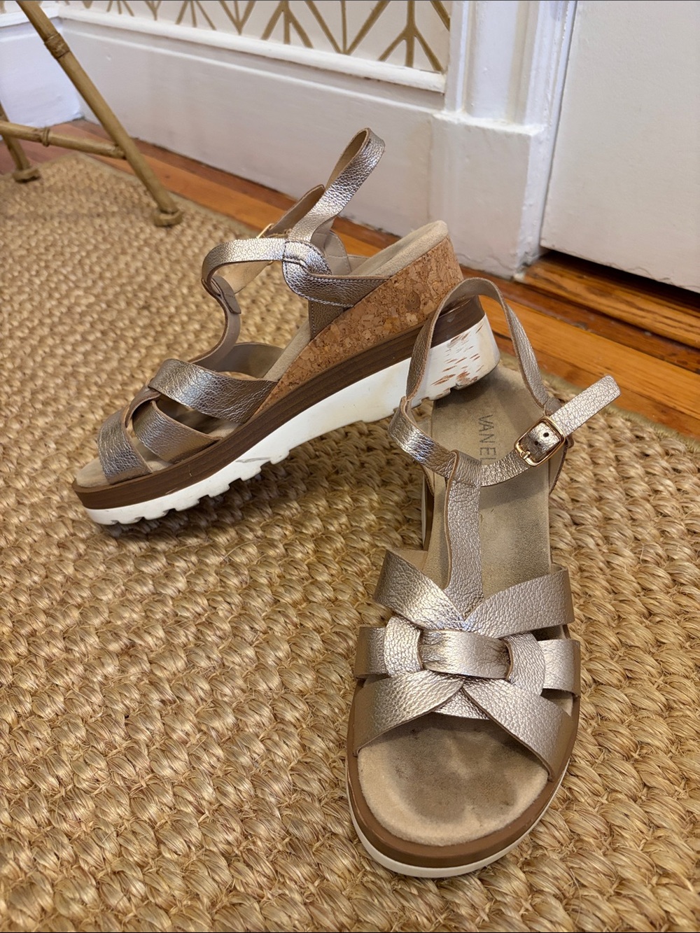 Vaneli Metallic Gold Strappy Cork Wedge Sandals